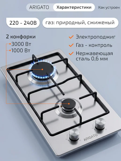 ARIGATO Варочная панель газовая встраиваемая 2 конфорки, вариант, фото 2