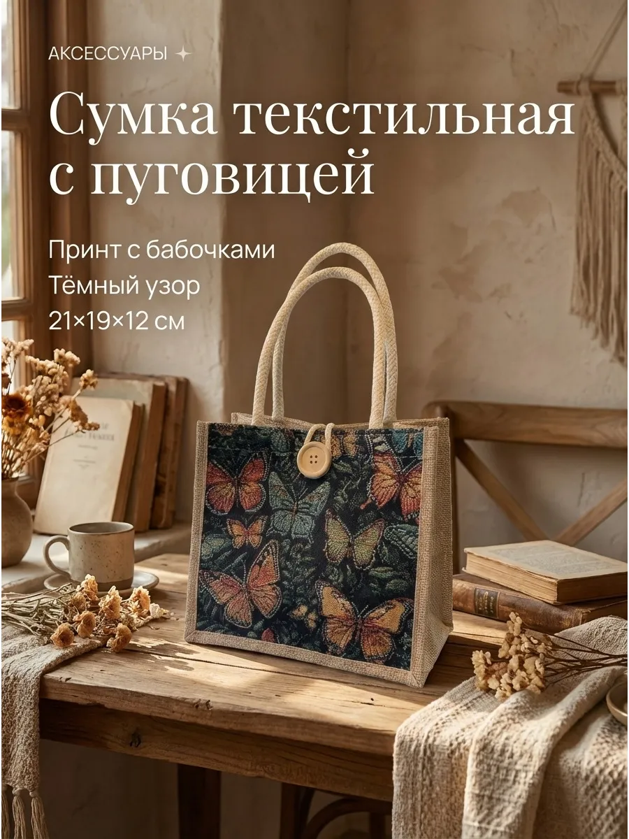Сумка текстильная с пуговицей 21x19x12 см, тёмный узор, 1 шт