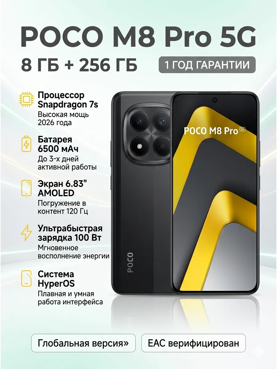 Смартфон Poco M8 Pro 5G 8 ГБ 256 ГБ черный Xiaomi Poco 917642137 купить в интернет‑магазине Wildberries