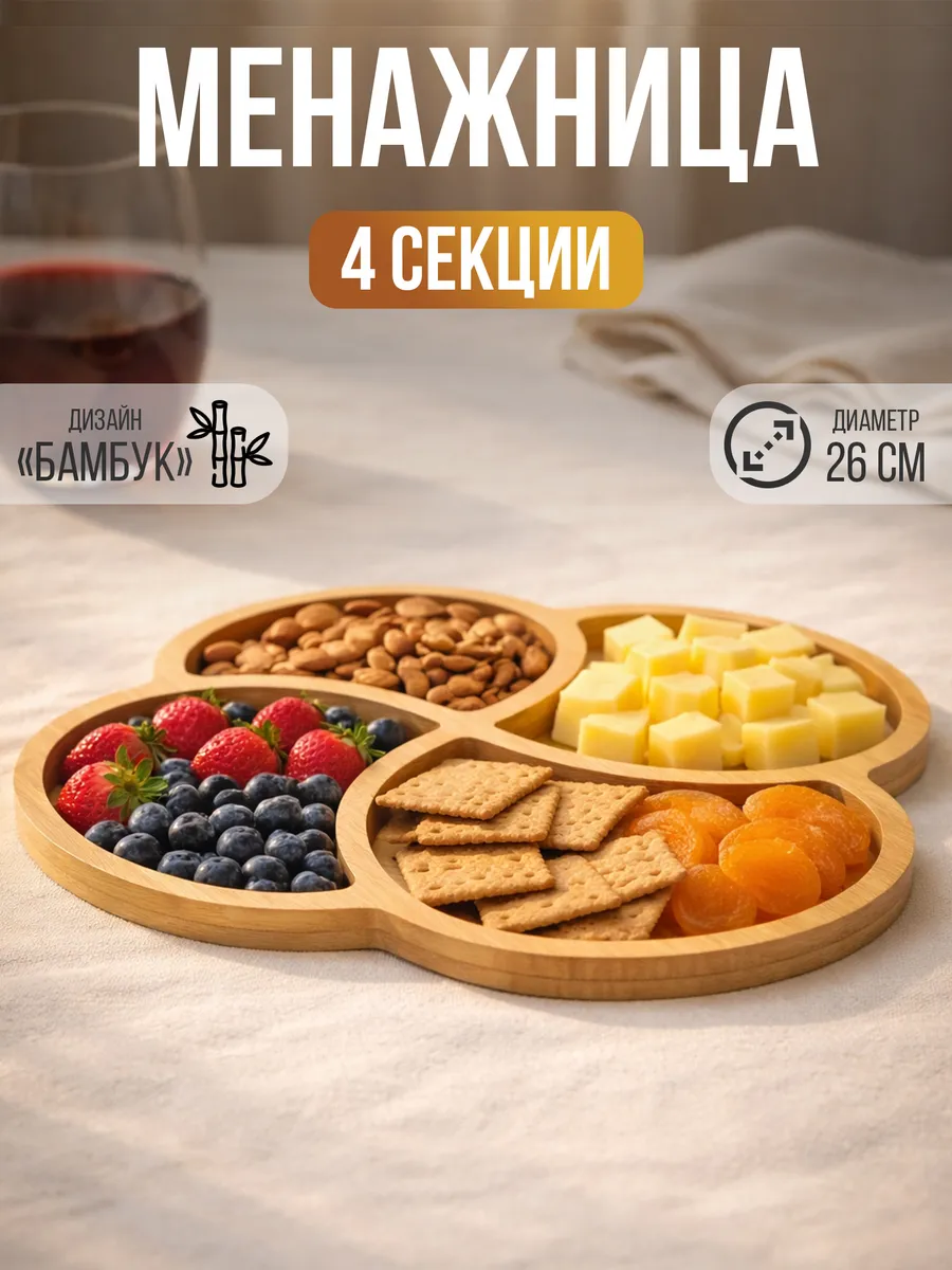 Менажница деревянная для закусок 4 секции
