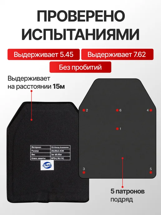 Бронеплита для бронежилета БР5+ для калибров 5.45 и 7.62, черный, фото 3