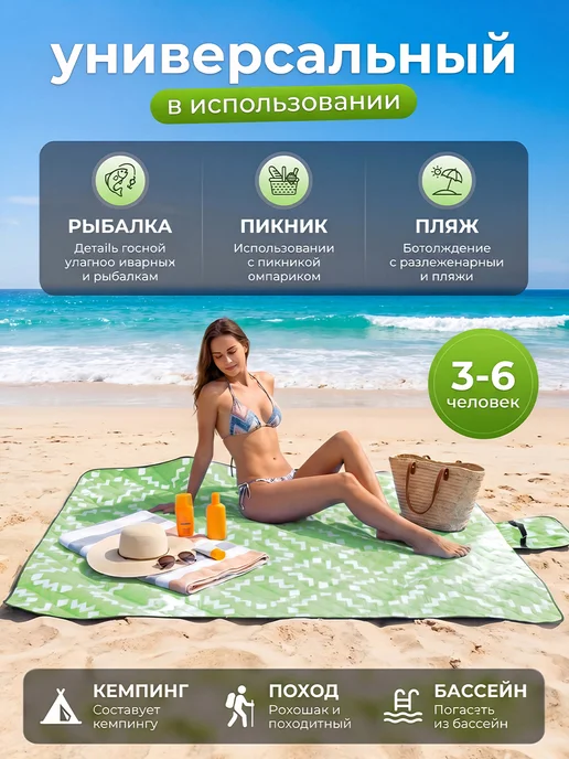 WarmGlow Коврик для пляжа и пикника складной непромокаемый 200х200, вариант, фото 3
