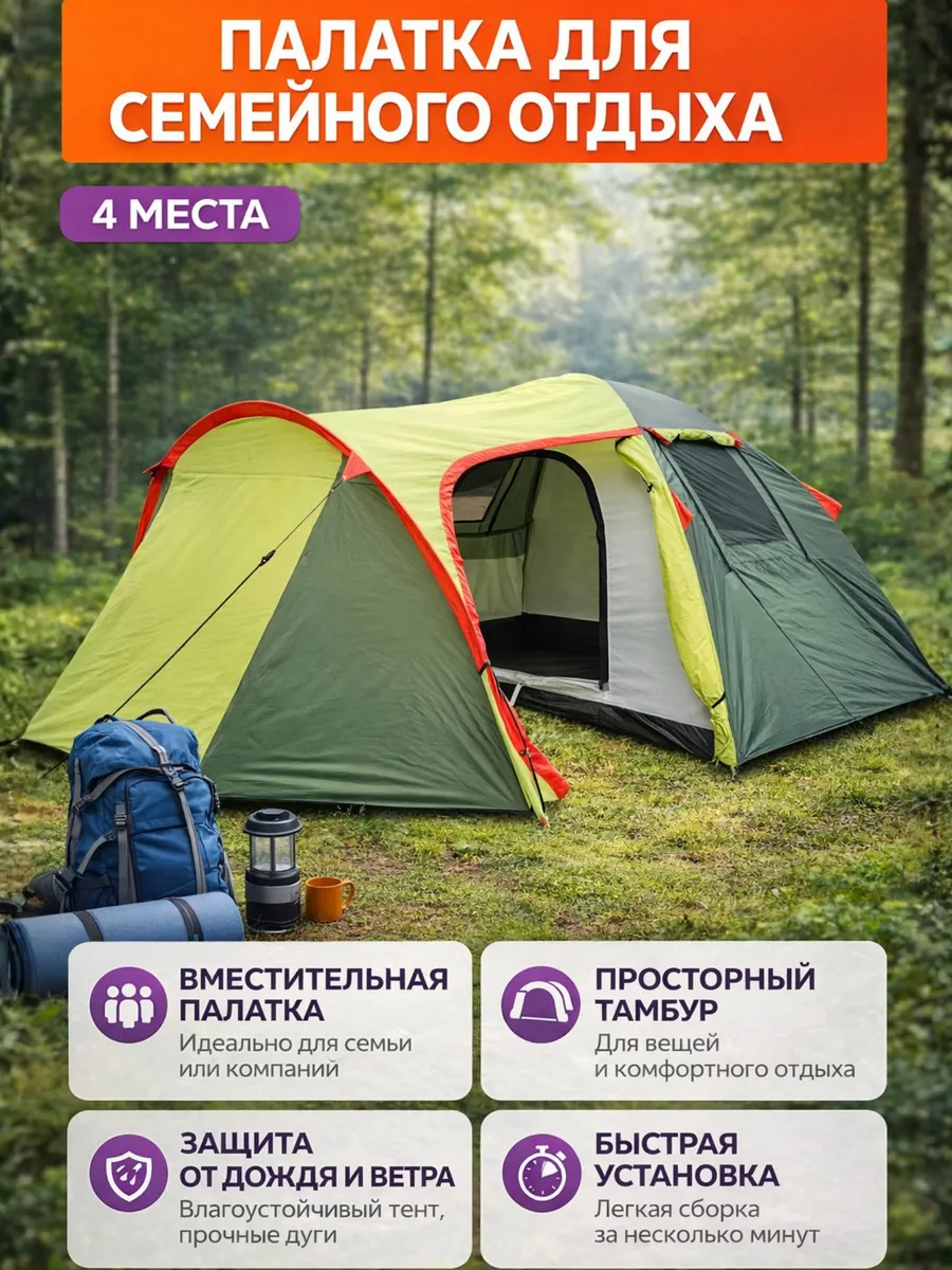 Палатка туристическая 4 местная Coolwalk 1504-2