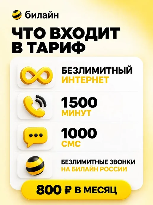 Сим-карта Билайн — безлимитный интернет, 1500 минут, вариант, фото 2