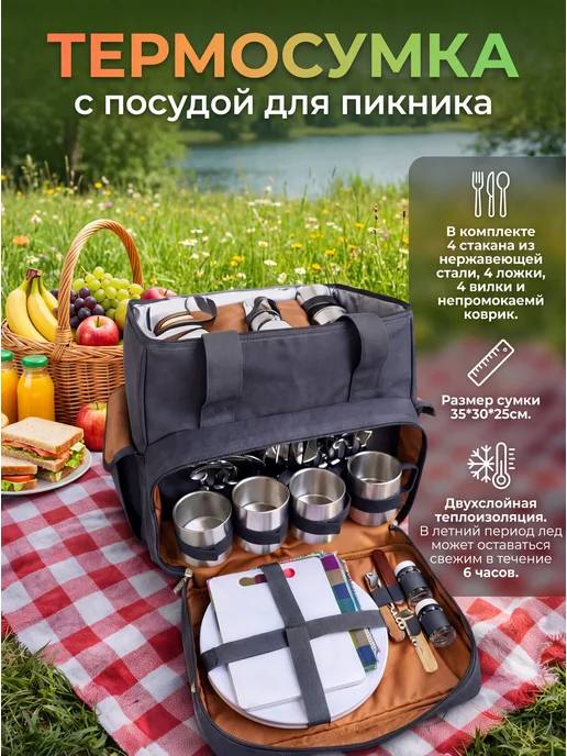 Термосумка для пикника с посудой, черный