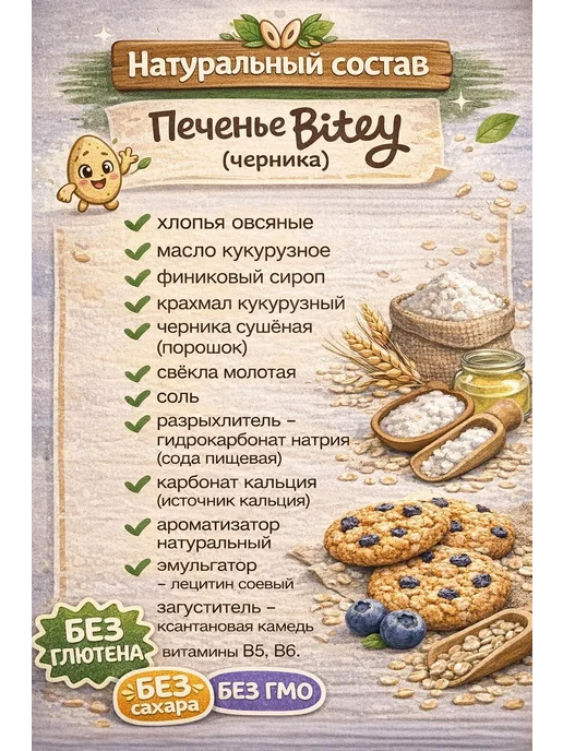Bitey Печенье овсяное без глютена Черника, 60гр, 60 г, фото 3