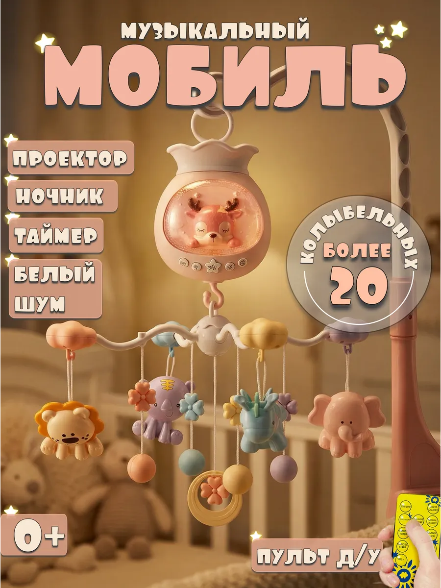 Музыкальный мобиль с проектором и ночником для новорожденных