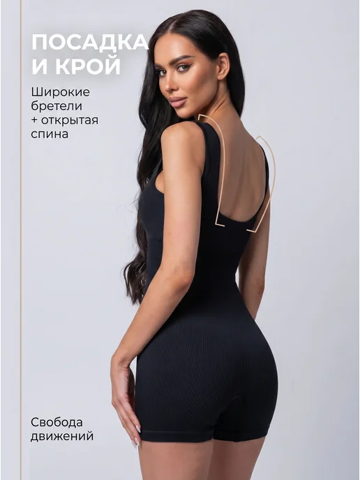 TIHEYA Комбинезон спортивный в рубчик с шортами на бретелях, черный, фото 3