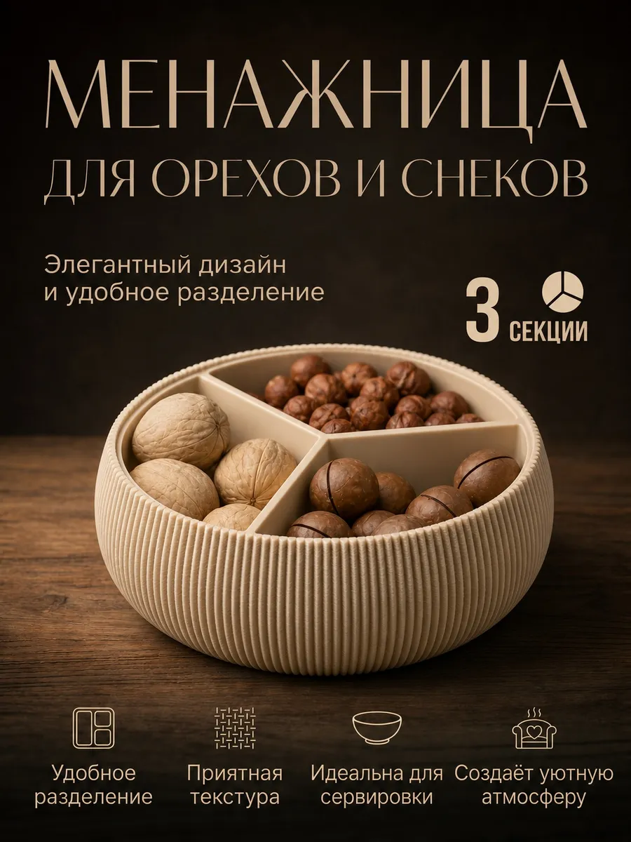 Менажница для орехов и снеков, пластиковая, бежевый