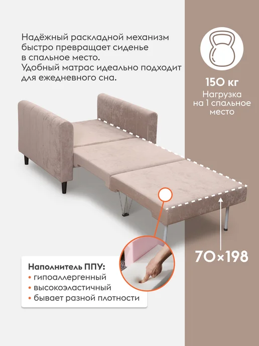 Правила мебели Кресло-кровать Рино Латте, велюр, бежевый, фото 3
