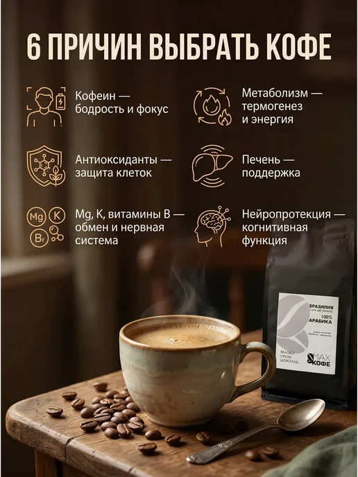 МАХ Кофе Кофе в зернах 1 кг Арабика 100% Бразилия свежей обжарки, 1 кг, фото 6