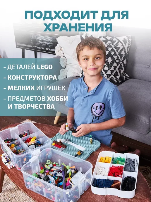 Контейнер для хранения игрушек и конструктора пластиковый, голубой, фото 3