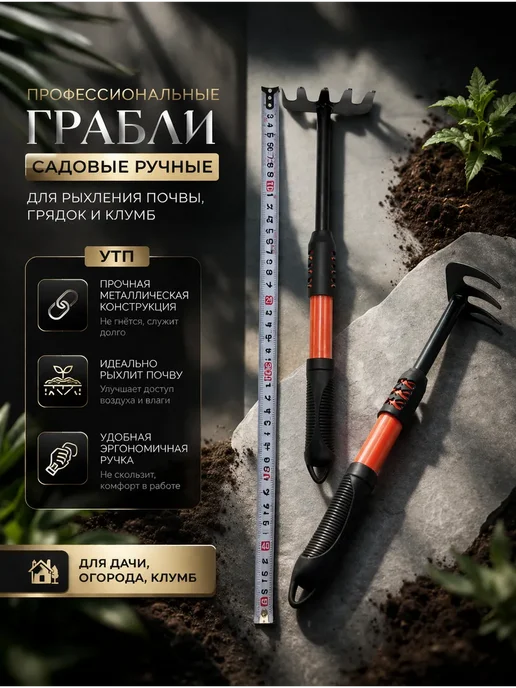 ольчик Грабли садовые ручные для рыхления почвы грядок дачи, черный, фото 4