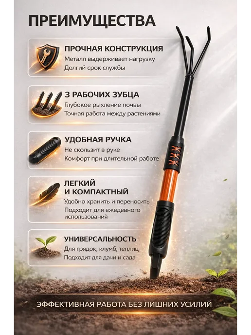 ольчик Рыхлитель садовый 3 зубца ручной культиватор для почвы, черный