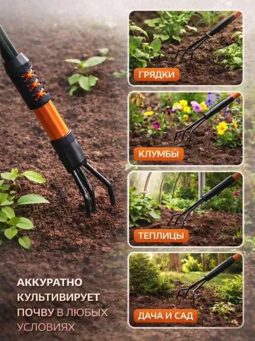 ольчик Рыхлитель садовый 3 зубца ручной культиватор для почвы, черный, фото 2