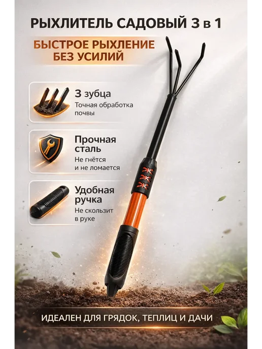 ольчик Рыхлитель садовый 3 зубца ручной культиватор для почвы, черный, фото 3
