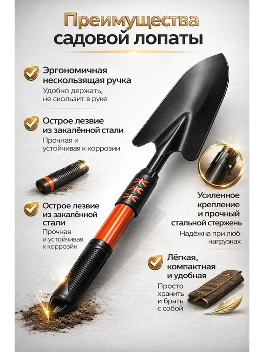 ольчик Лопата садовая металлическая ручная для посадки грунта, черный, фото 3