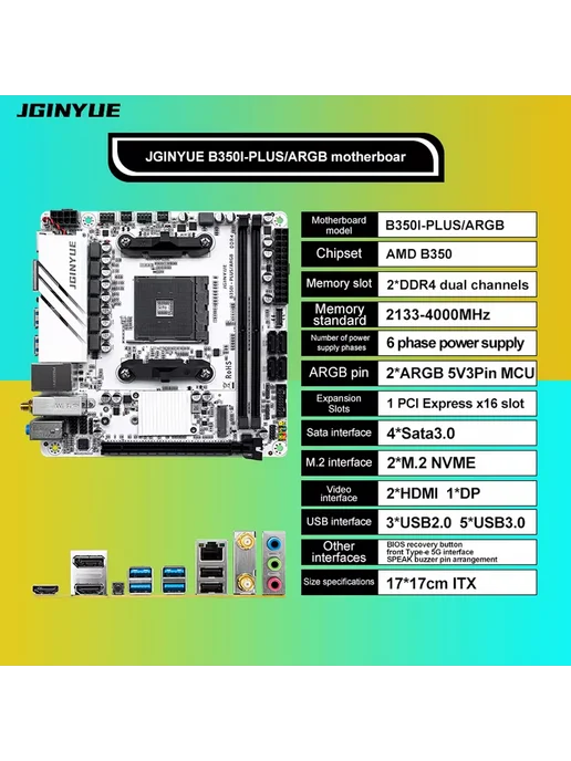 JGINYUE B350I-PLUS ARGB AMD AM4 DDR4 M.2 NVME WiFi Материнская плата, вариант, фото 5
