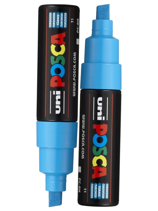 UNI Маркер POSCA PC-8K скошенный белый, голубой, фото 2