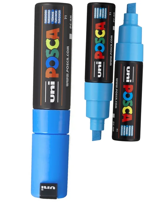 UNI Маркер POSCA PC-8K скошенный белый, голубой, фото 3