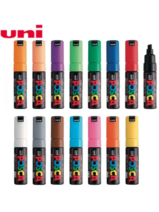UNI Маркер POSCA PC-8K скошенный белый, голубой, фото 7
