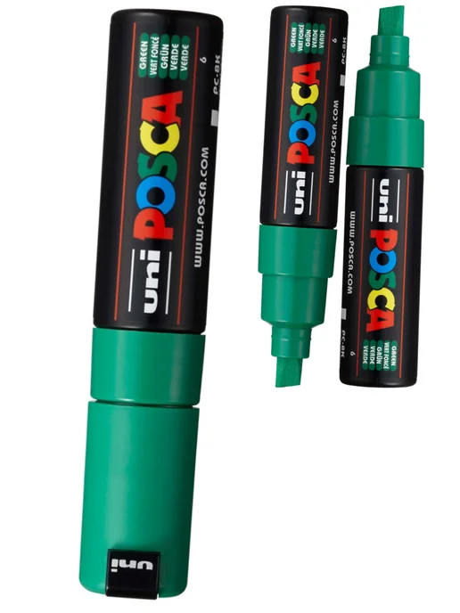 UNI Маркер POSCA PC-8K скошенный белый, зеленый, фото 3