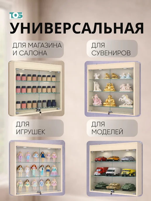ТОБ.РУ Витрина настенная №1-1А с прозрачными полками, Крем Вайс, бежевый, фото 3