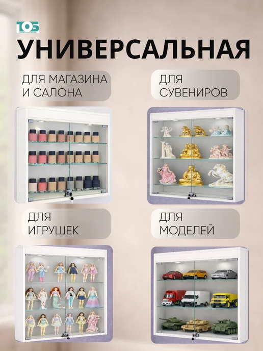 ТОБ.РУ Витрина настенная №1-1А с прозрачными полками, Серый, белый, фото 3