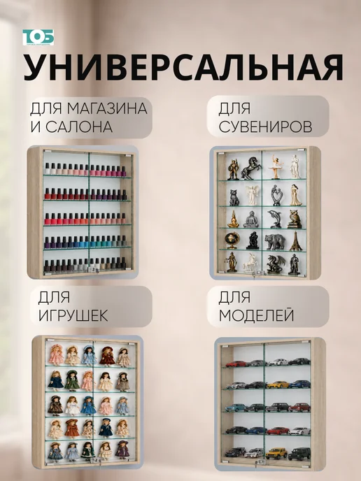 ТОБ.РУ Витрина настенная №2-1А высокая, Дуб сонома, бежевый, фото 3