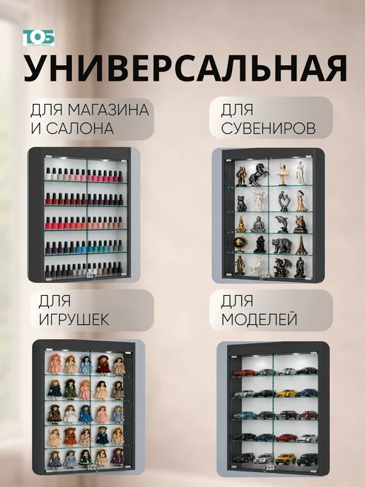 ТОБ.РУ Витрина настенная №2-3А с подсветкой, Белый, черный, фото 3