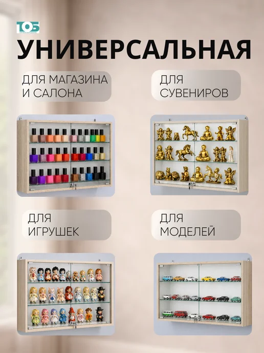 ТОБ.РУ Витрина настенная №3-1А широкая с полками, Дуб сонома, бежевый, фото 3