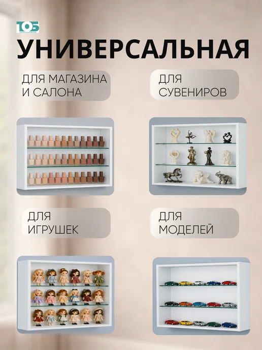 ТОБ.РУ Витрина настенная №3-1Г открытая с двумя полками, Серый, 31 г, белый, фото 3