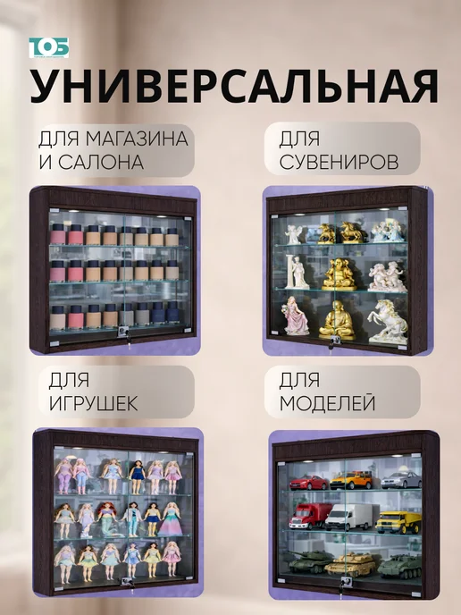 ТОБ.РУ Витрина настенная №201-4А с подсветкой, Дуб Венге, коричневый, фото 3