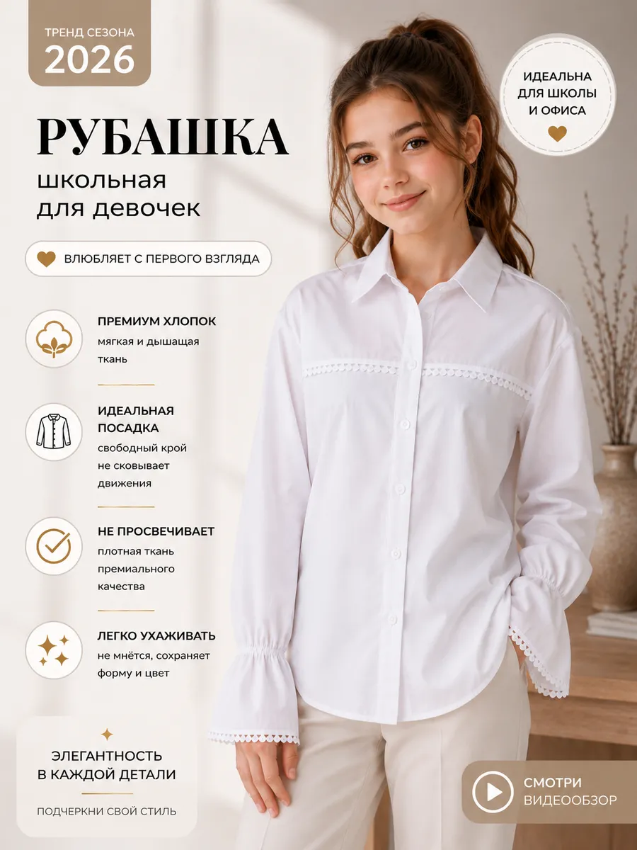 Школьная рубашка для девочки белая