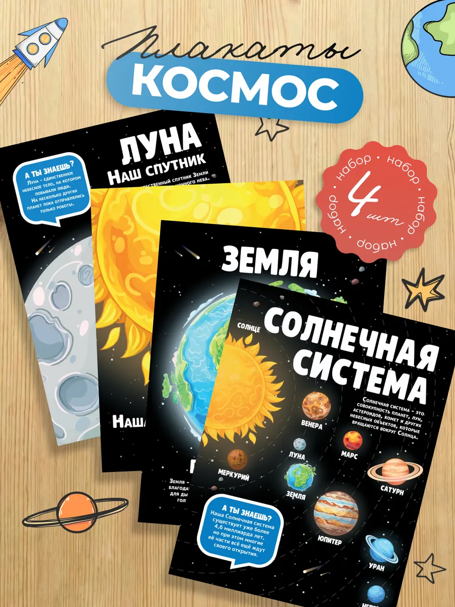 Плакаты Космос для детей 30х40, 4 шт
