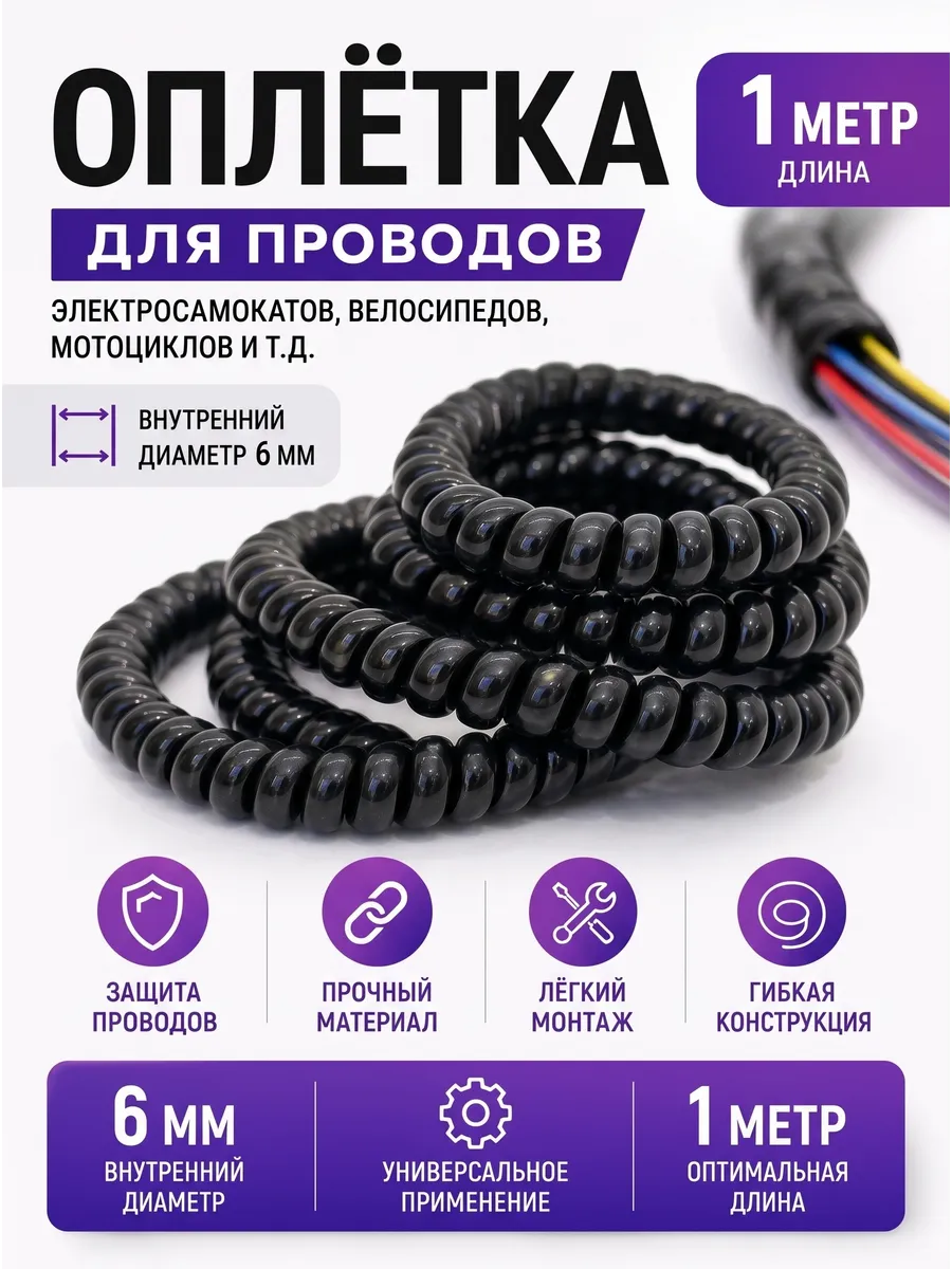 Оплётка кабельная для проводов электросамоката, черная 1 м