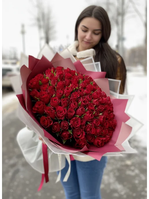 ROZA4U Букет живых цветов 101 белая роза, красный, фото 2