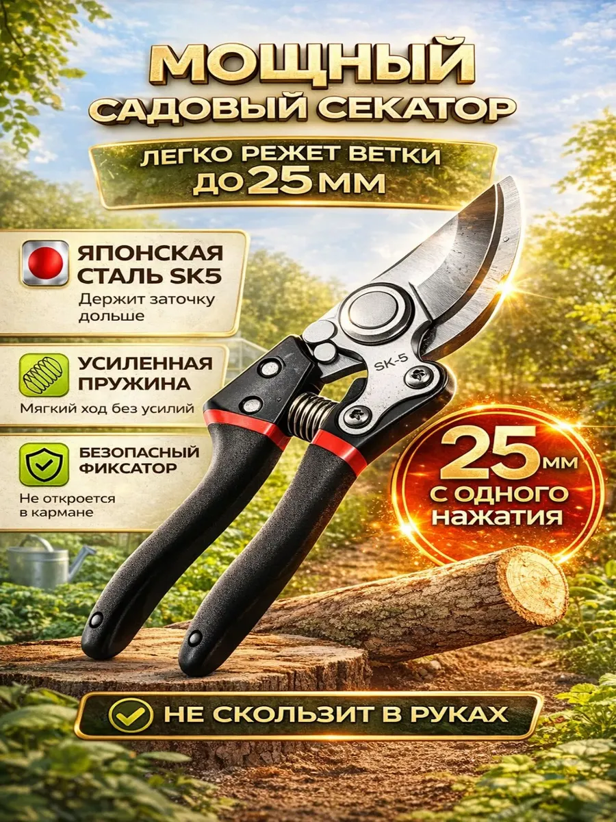 Секатор садовый ручной с блокировкой лезвий, черный