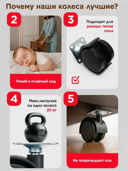 Колеса мебельные поворотные 50 мм с площадкой, набор 4 шт, 4 шт, фото 3