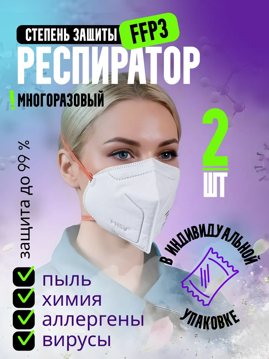 Респиратор Маска Защитная от пыли, химии, аллергии 2 шт FFP3