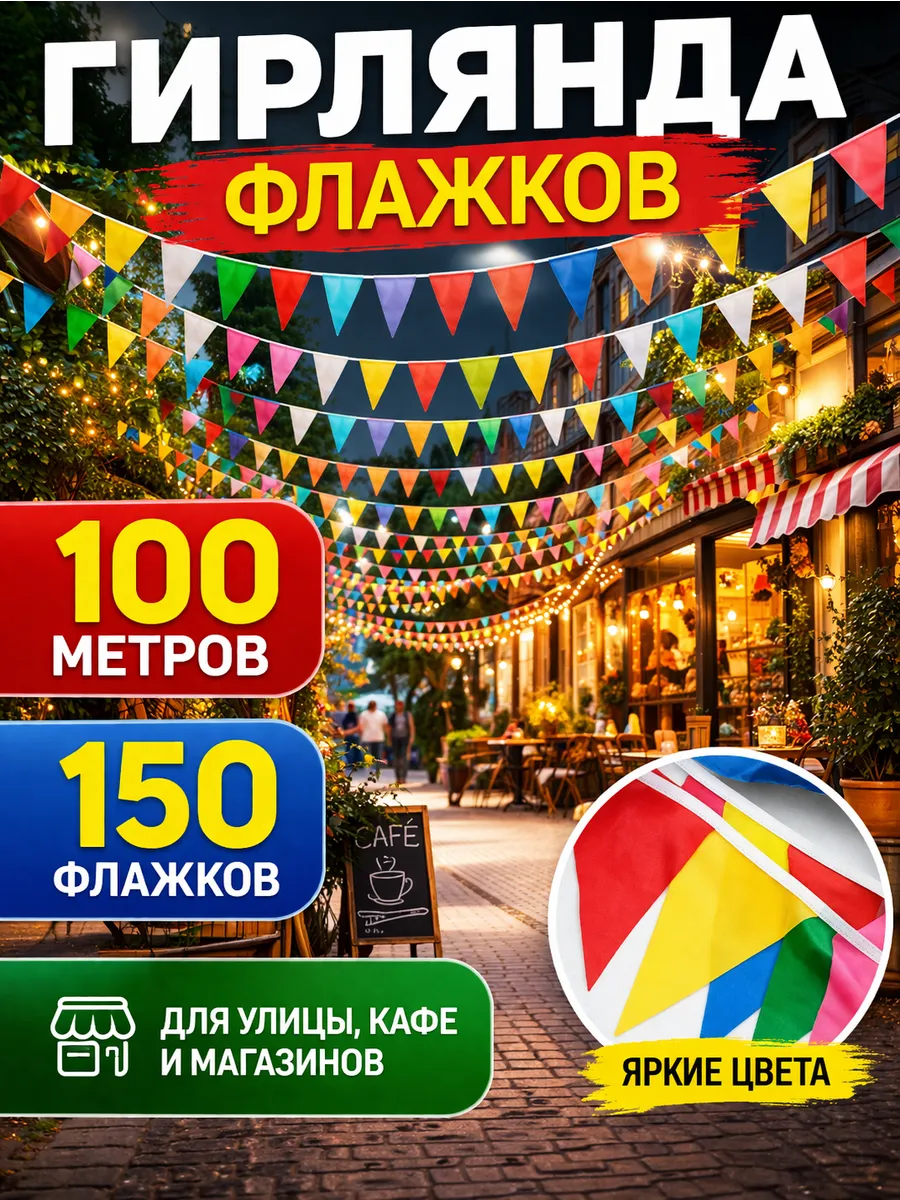 Гирлянда флажки 100м уличные, растяжка для праздника