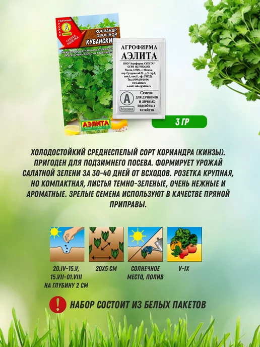 Агрофирма АЭЛИТА Кинза семена для огорода и подоконника 3 шт, 3 шт, фото 5