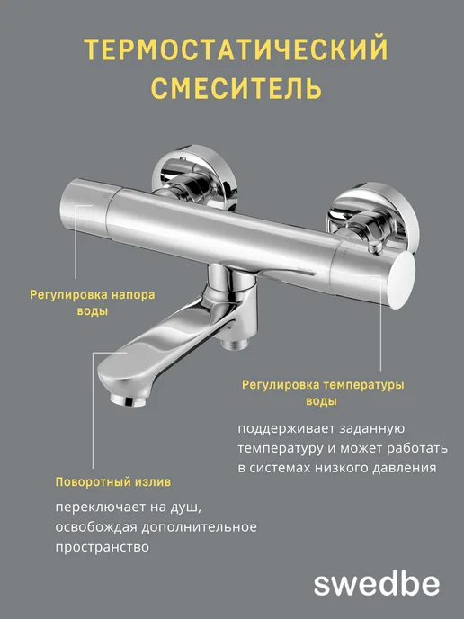 swedbe Смеситель для ванны термостатический поворотный излив M9066, серый, фото 2