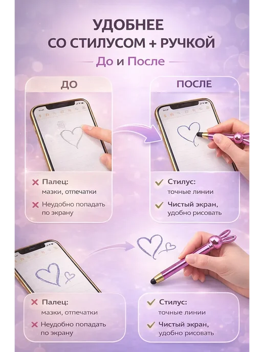 МАГА09 Стилус ручка 2в1 для телефона с зайчиком, вариант, фото 3