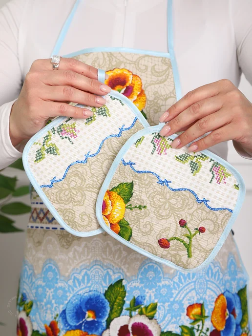 Кузькина Хатка Фартук женский для кухни с прихватками, голубой, фото 2