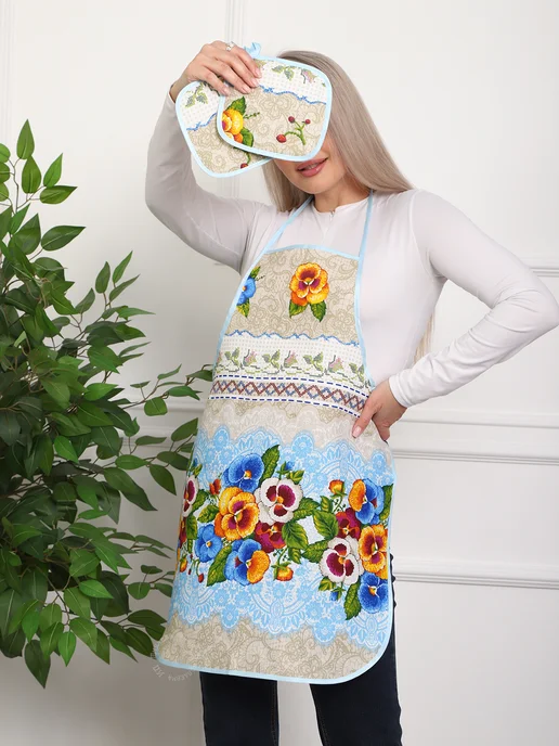 Кузькина Хатка Фартук женский для кухни с прихватками, голубой, фото 5