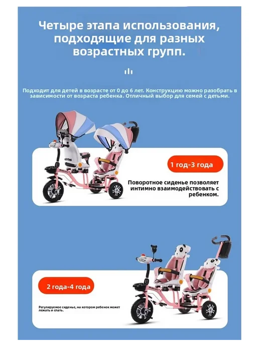 Детская трехколесная коляска для близнецов,светло-розовый, розовый, фото 5