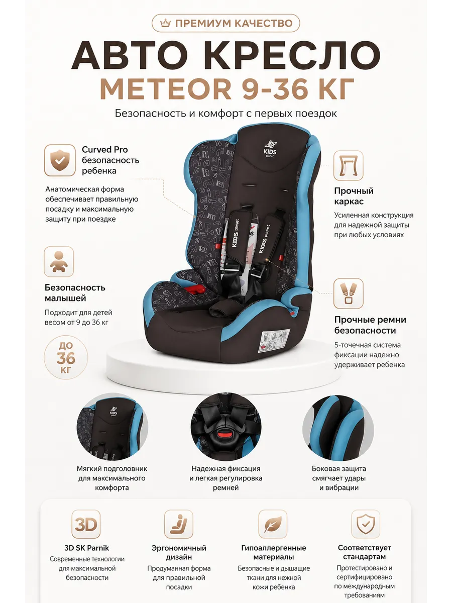 Детское Автокресло Meteor. Группа 1/2/3, 9-36 кг.