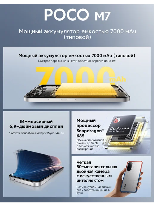 Смартфон Xiaomi Poco M7 8/256 ГБ, серебристый, фото 2
