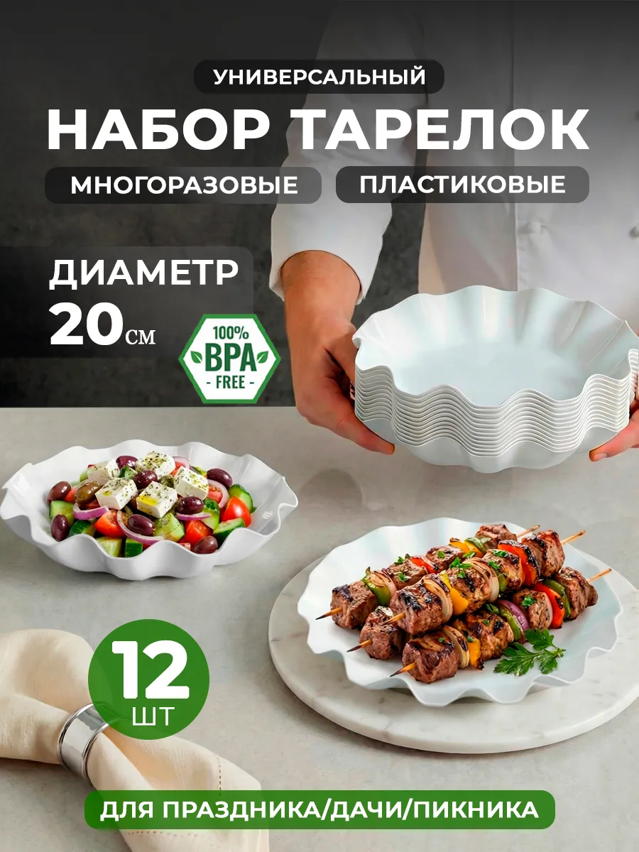 Тарелки глубокие пластиковые, набор 12 шт для дачи и пикника